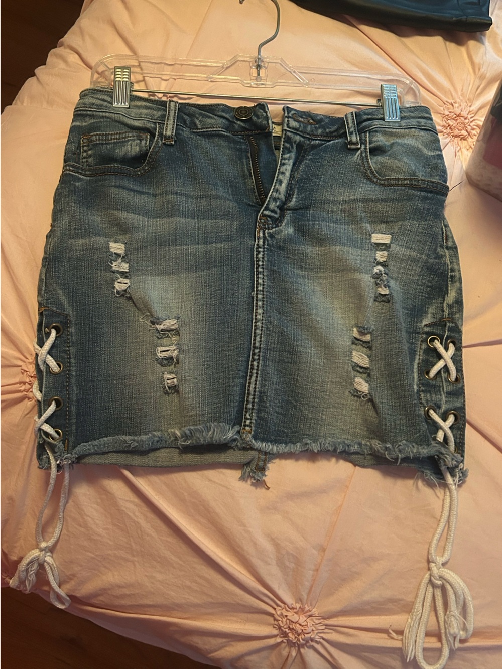 Machine Denim Skirt with White Label and Blue Wash